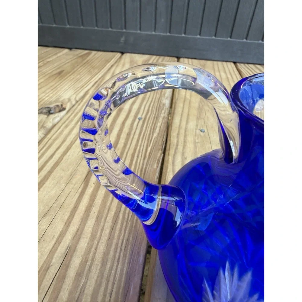 Vintage Bohemian Cobalt Blue Cut To Clear MCM Atomic Starburst Vase Pitcher 5